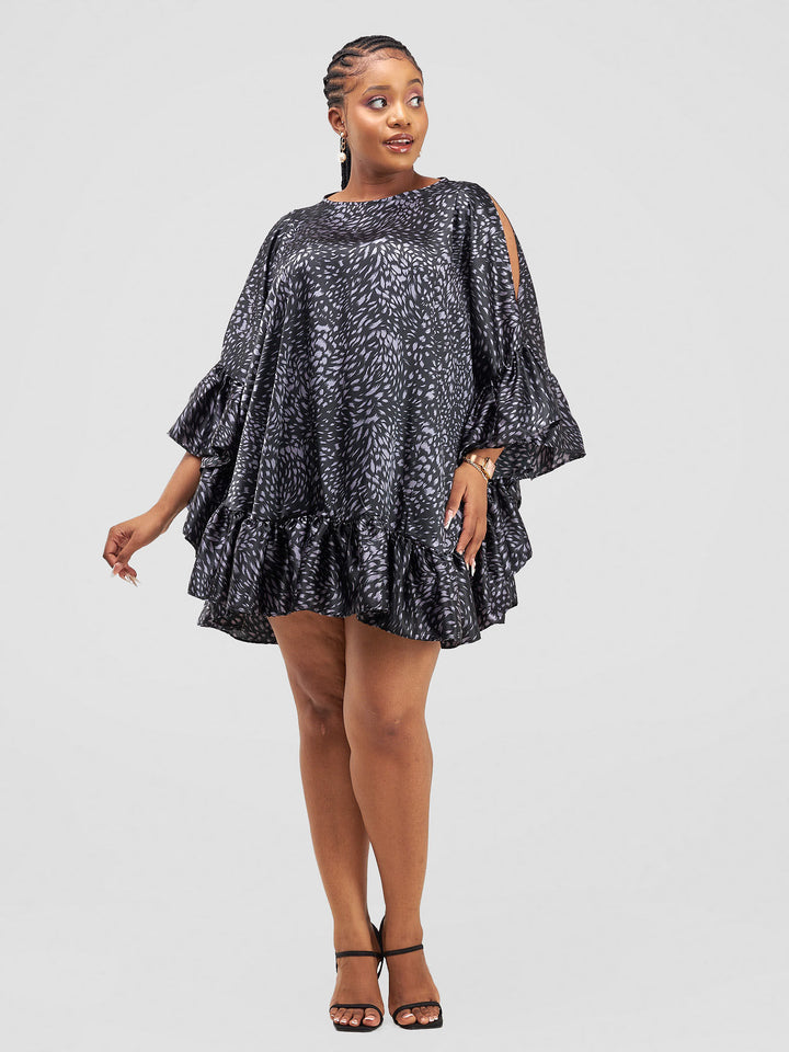 Vivo Malindi Tunic Dress With Frills - Grey / Black Print