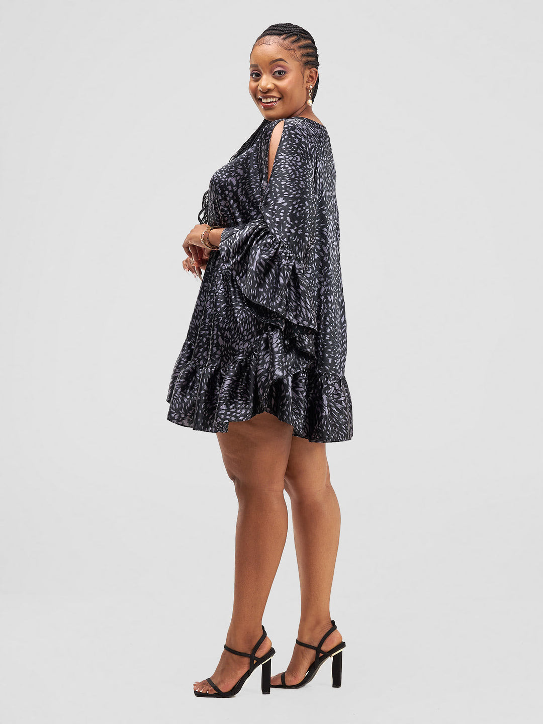 Vivo Malindi Tunic Dress With Frills - Grey / Black Print