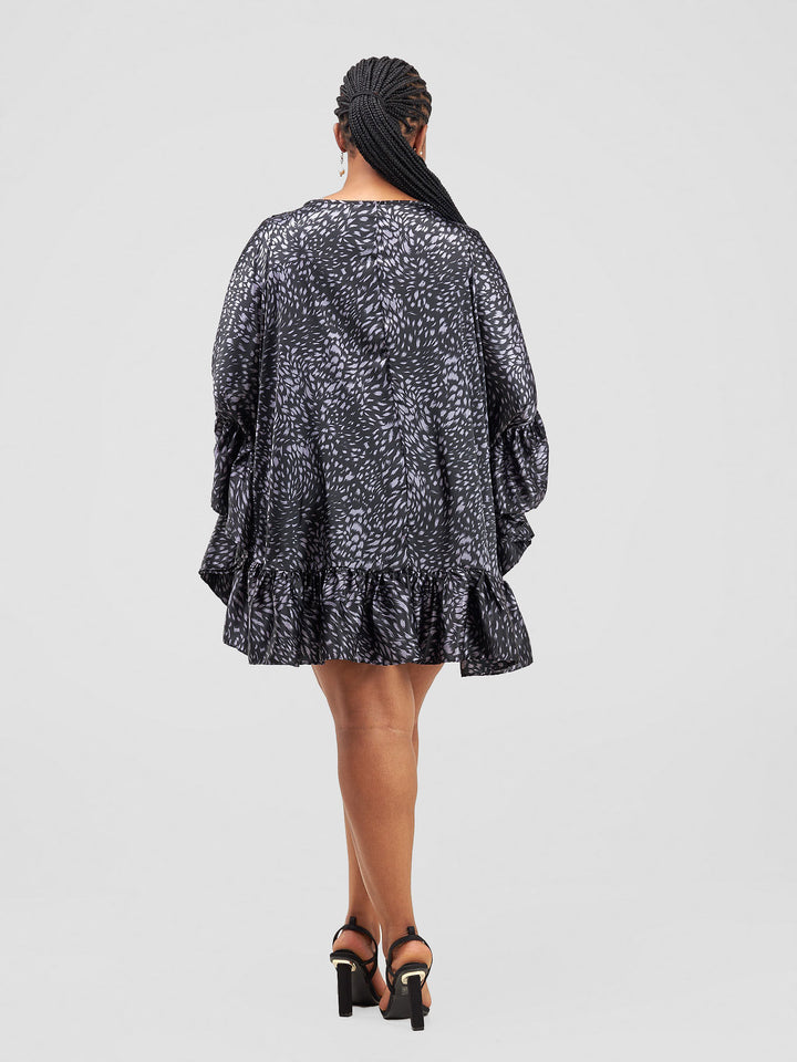 Vivo Malindi Tunic Dress With Frills - Grey / Black Print