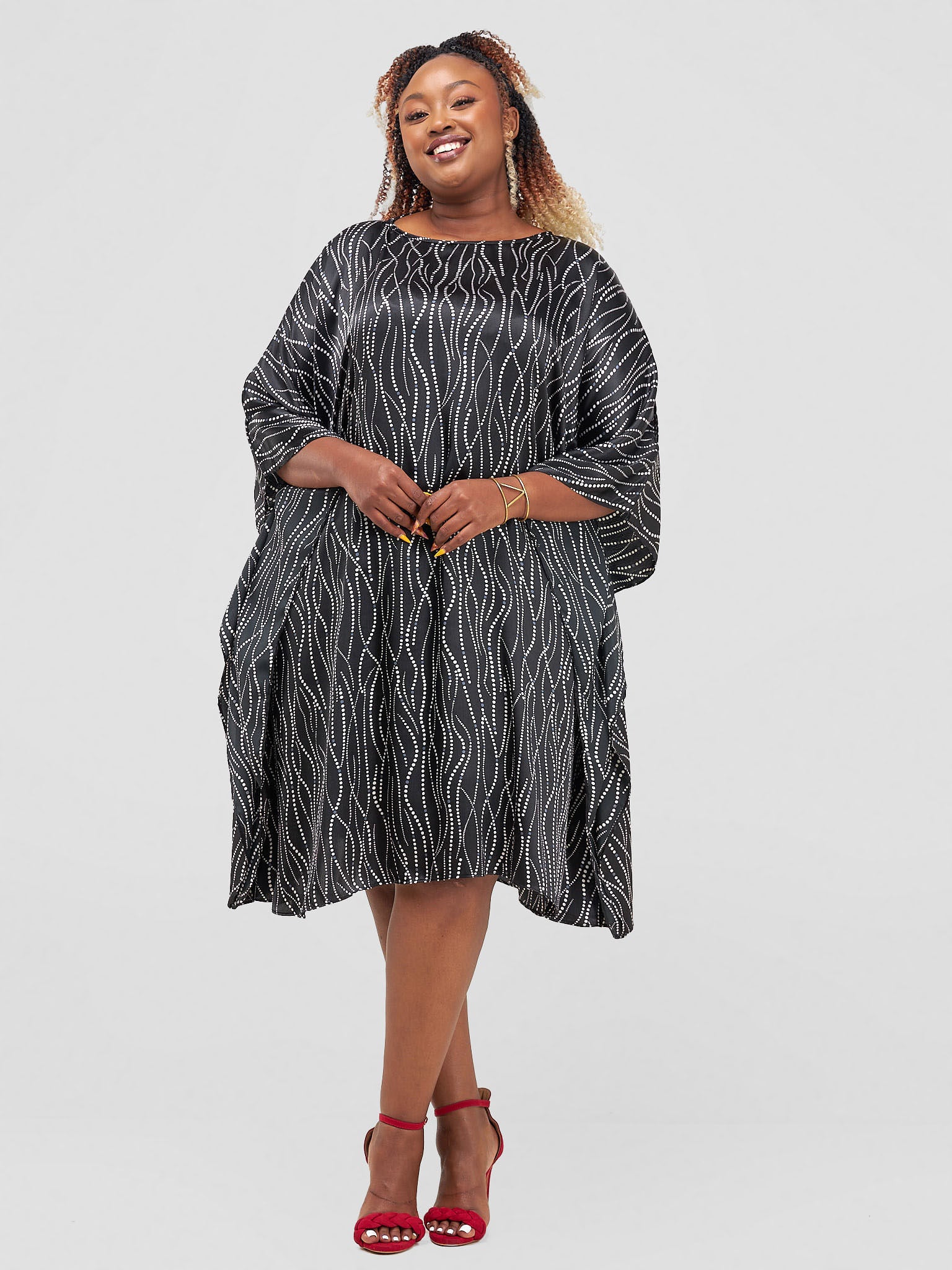 Vivo Knee Length Satin Kaftan - Black / White Polka Dot Print