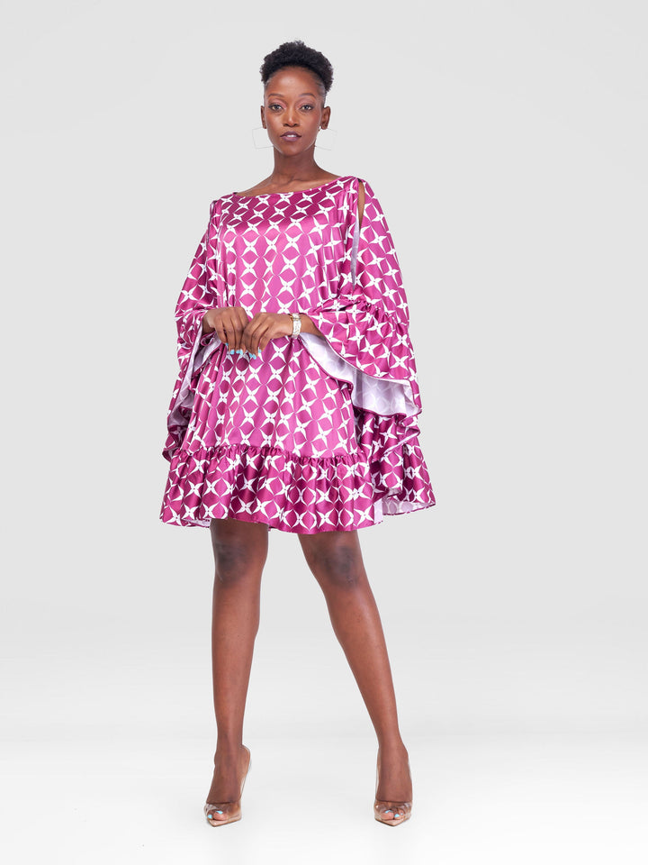 Vivo Malindi Tunic Dress With Frills - Purple / White Clover Print