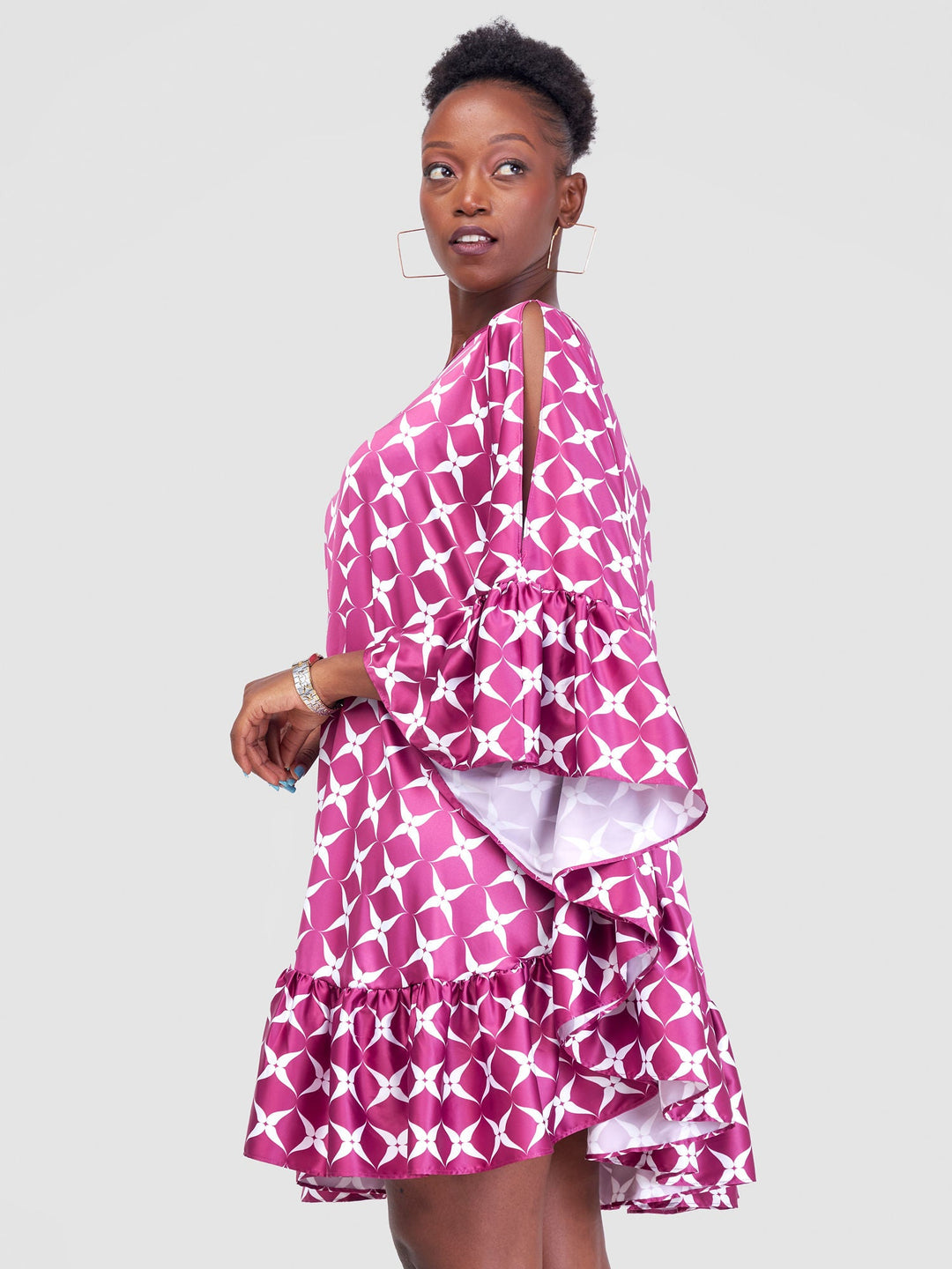 Vivo Malindi Tunic Dress With Frills - Purple / White Clover Print