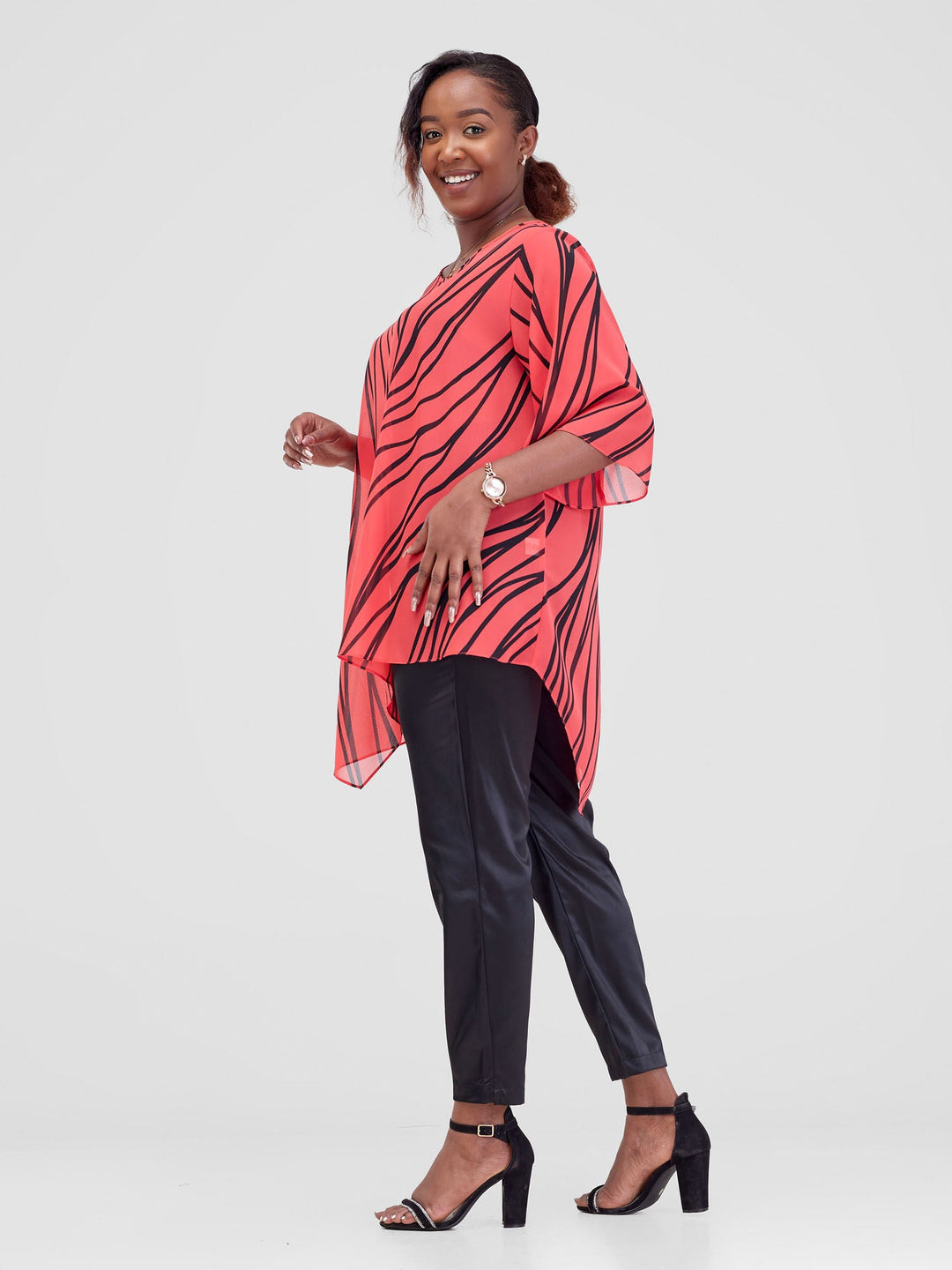 Vivo Sana Asymmetrical Angel Sleeve Top - Hot Pink / Black Sari Print