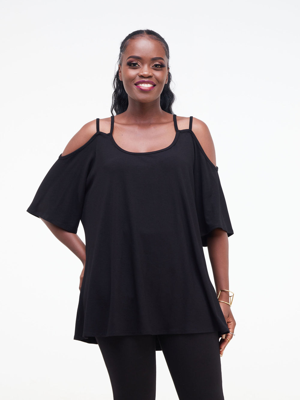 Vivo Essentials Strappy Cold Shoulder Top - Black