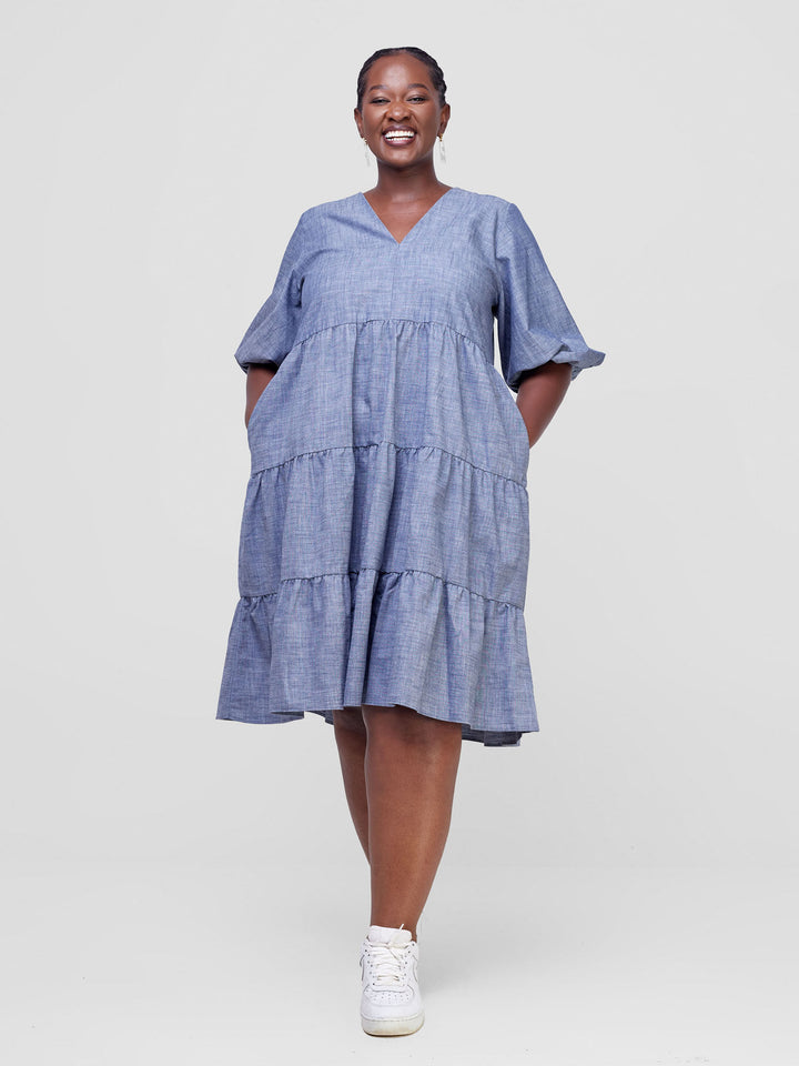 Safari Tawi Bishop Sleeve Tiered Dress - Denim Blue