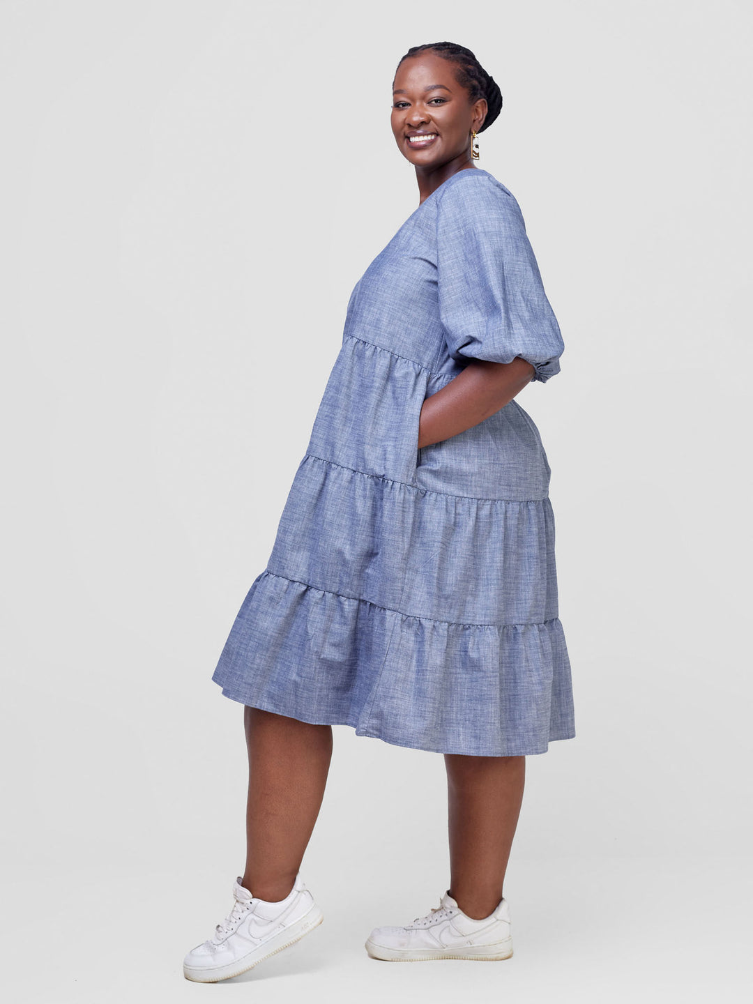 Safari Tawi Bishop Sleeve Tiered Dress - Denim Blue