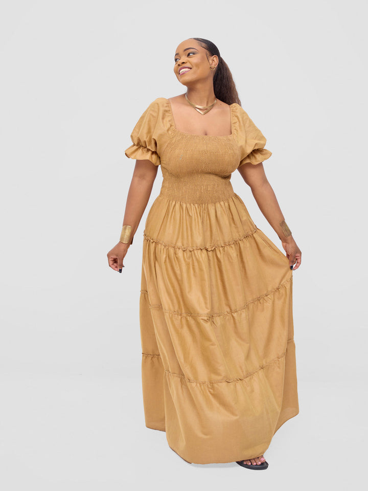 Safari Kikoy Shirred Top Maxi Dress - Gold