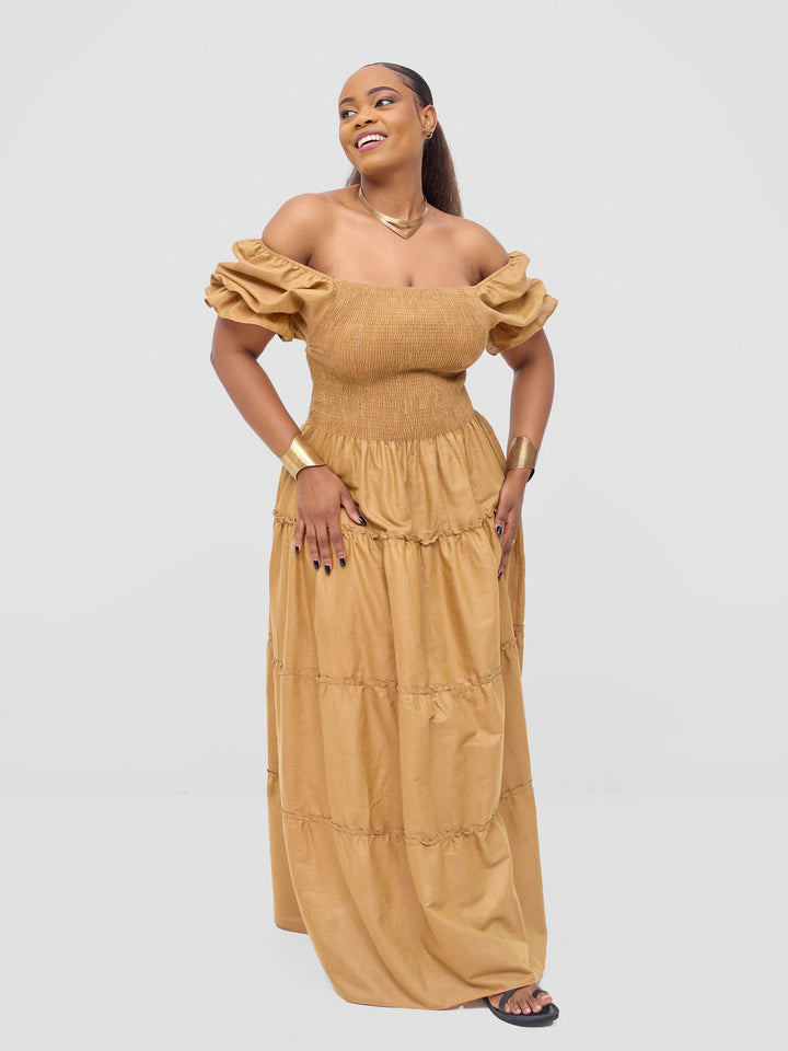 Safari Kikoy Shirred Top Maxi Dress - Gold