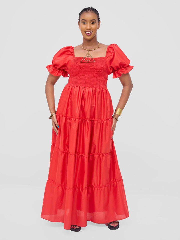 Safari Kikoy Shirred Top Maxi Dress - Red