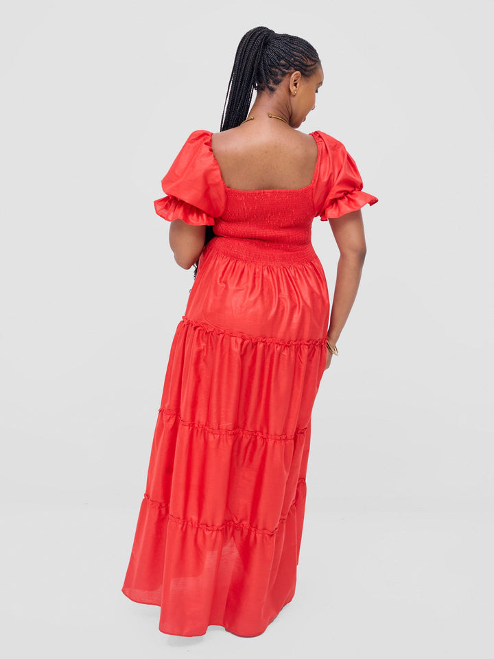 Safari Kikoy Shirred Top Maxi Dress - Red