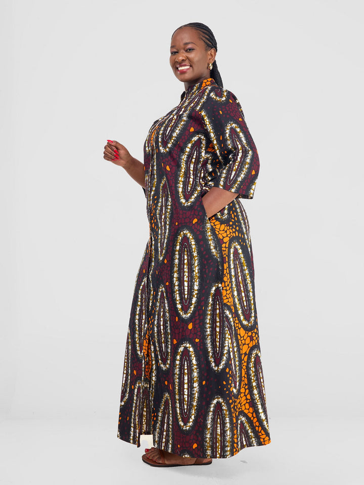 Safari Kitenge 3/4 sleeve Maxi Dress - Neba Print