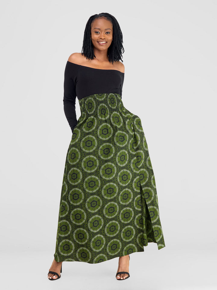 Vivo Kitenge Shirred Waist Maxi Skirt - Ashai Print