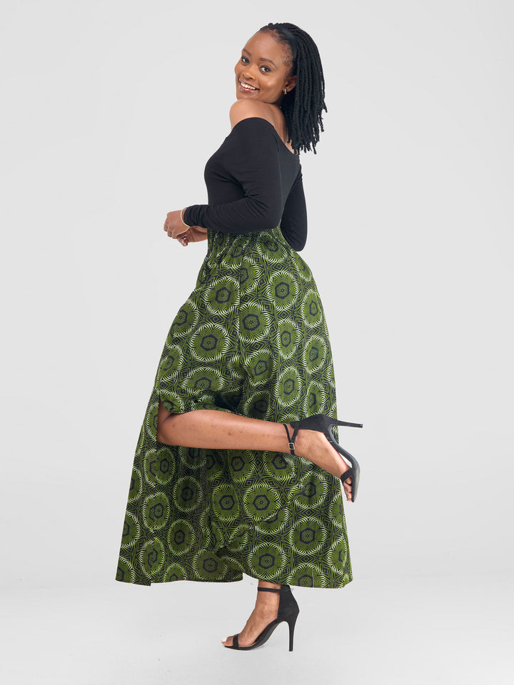 Vivo Kitenge Shirred Waist Maxi Skirt - Ashai Print