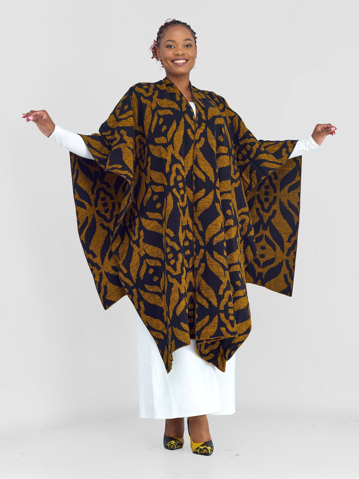 Vivo Reversible Shawl without Fringes - Black / Mustard Ukwi Print