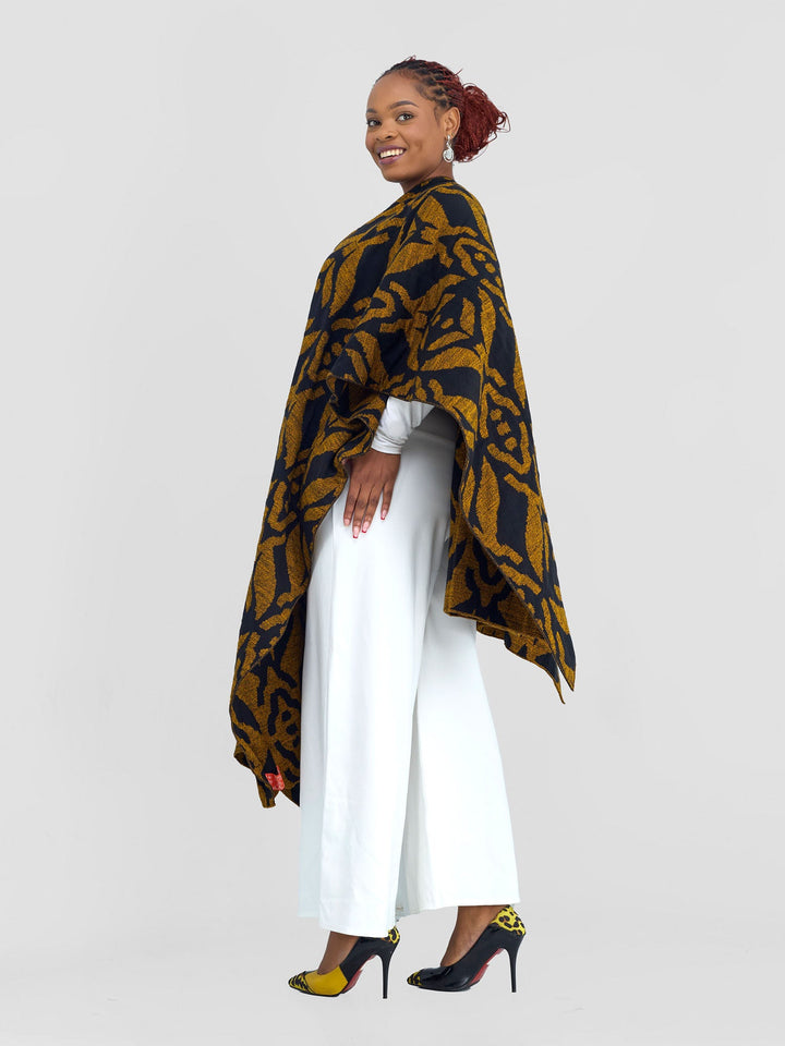 Vivo Reversible Shawl without Fringes - Black / Mustard Ukwi Print