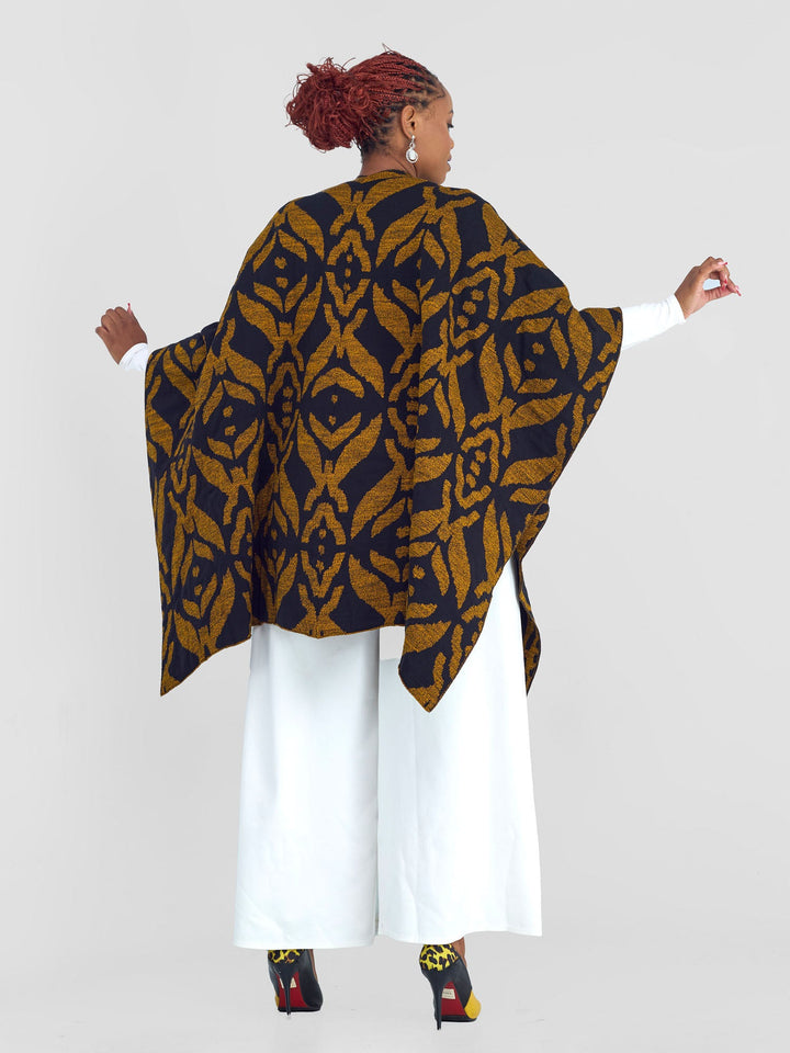 Vivo Reversible Shawl without Fringes - Black / Mustard Ukwi Print