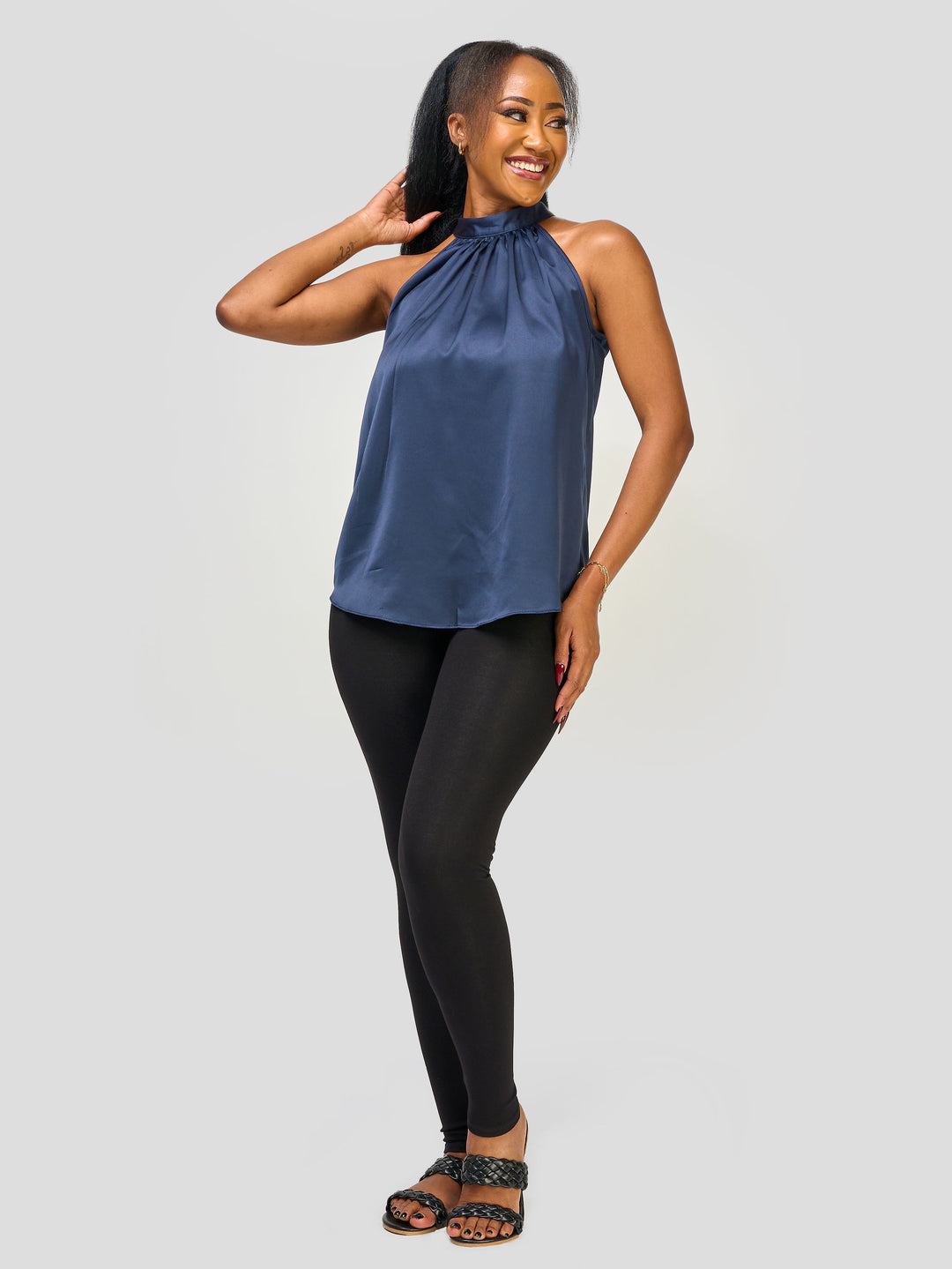 Vivo Nimali Satin Halter Top - Navy Blue