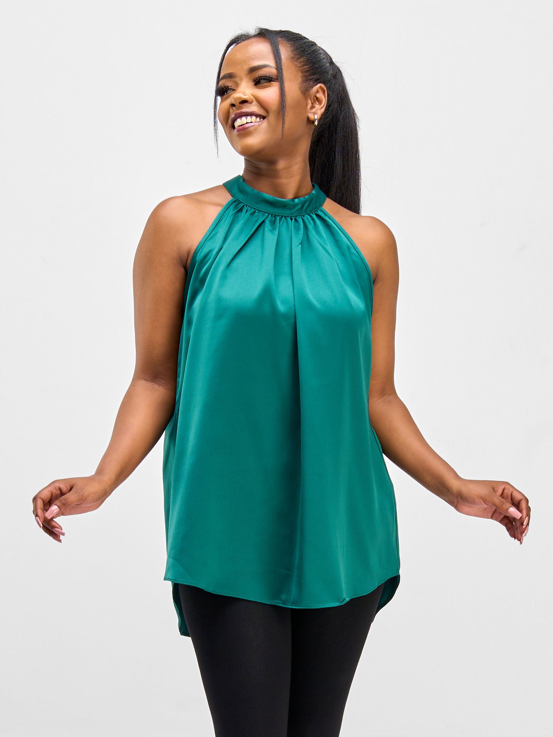 Vivo Nimali Satin Halter Top - Dark Green