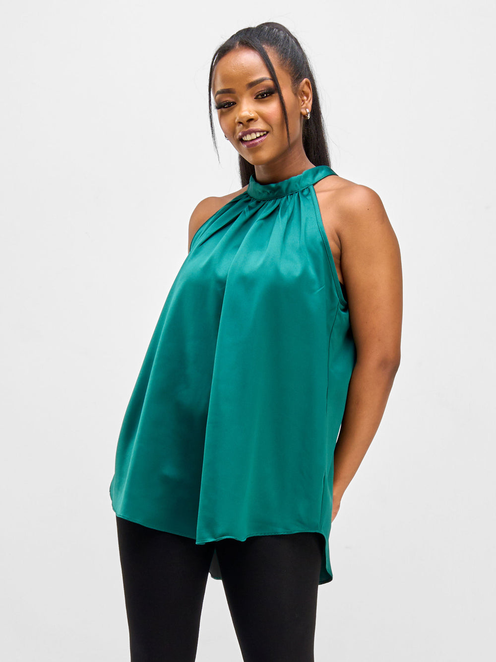 Vivo Nimali Satin Halter Top - Dark Green