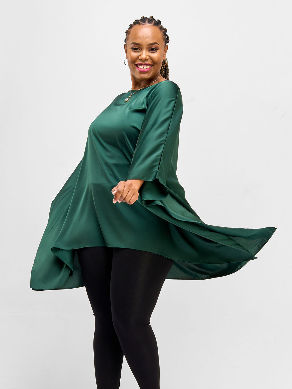 Vivo Nimali Hip Length Satin Kaftan - Dark Green