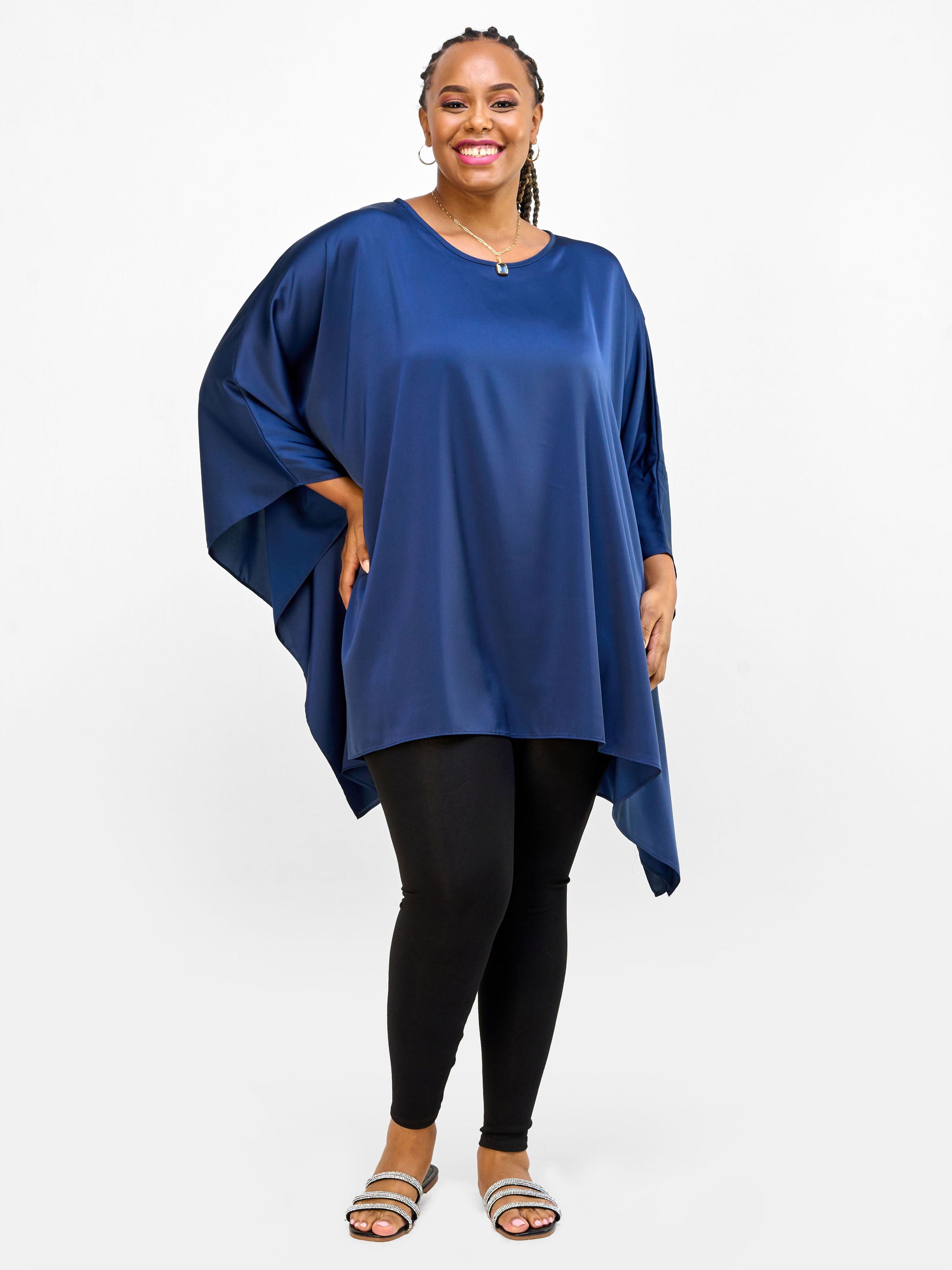 Vivo Nimali Hip Length Satin Kaftan - Navy Blue