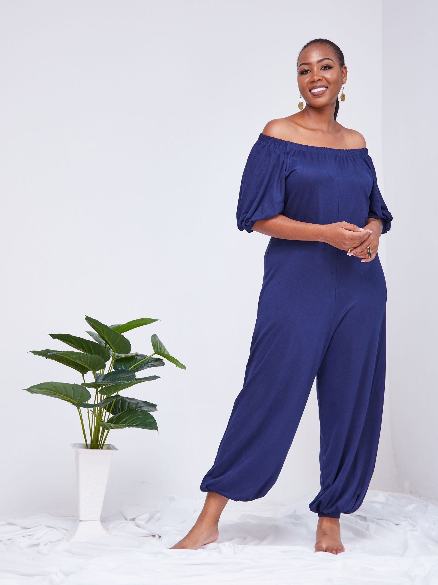 Vivo Essentials Off Shoulder Jumpsuit Navy Blue