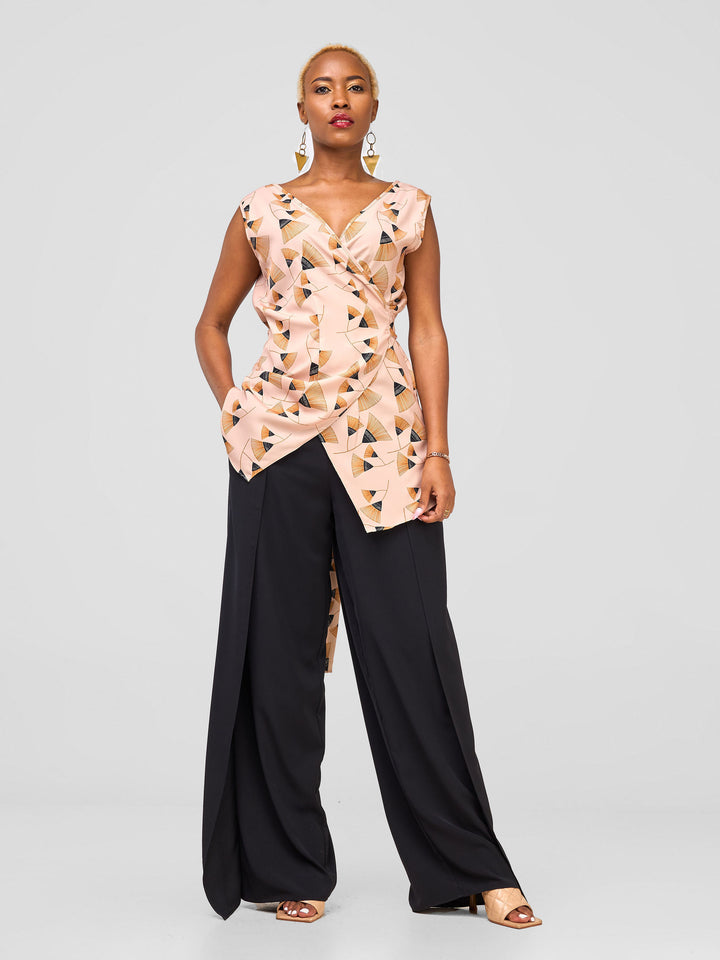 Vivo Mira Reversible Wrap Top - Peach / Brown Fan Print