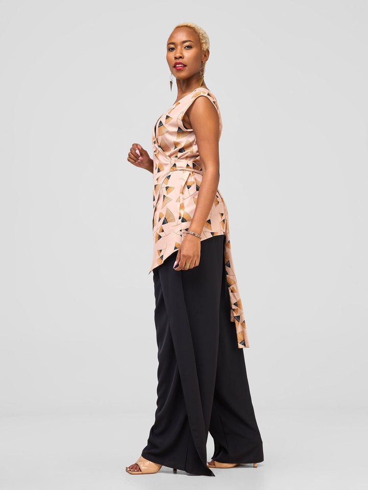 Vivo Mira Reversible Wrap Top - Peach / Brown Fan Print