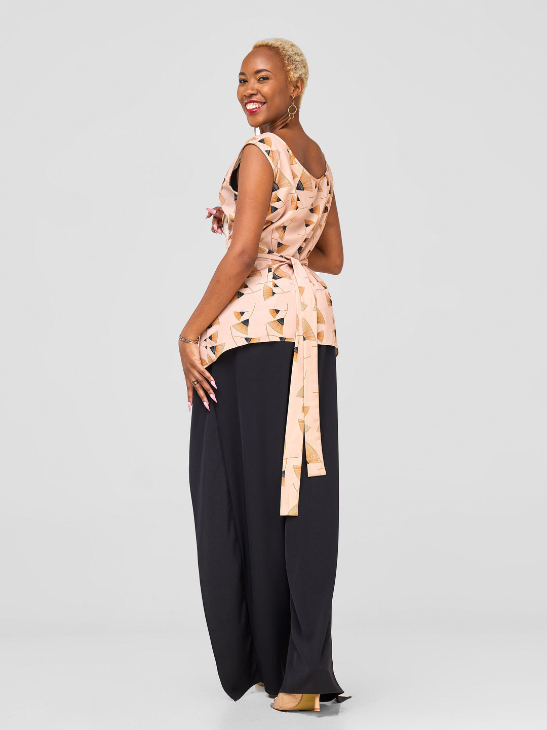 Vivo Mira Reversible Wrap Top - Peach / Brown Fan Print