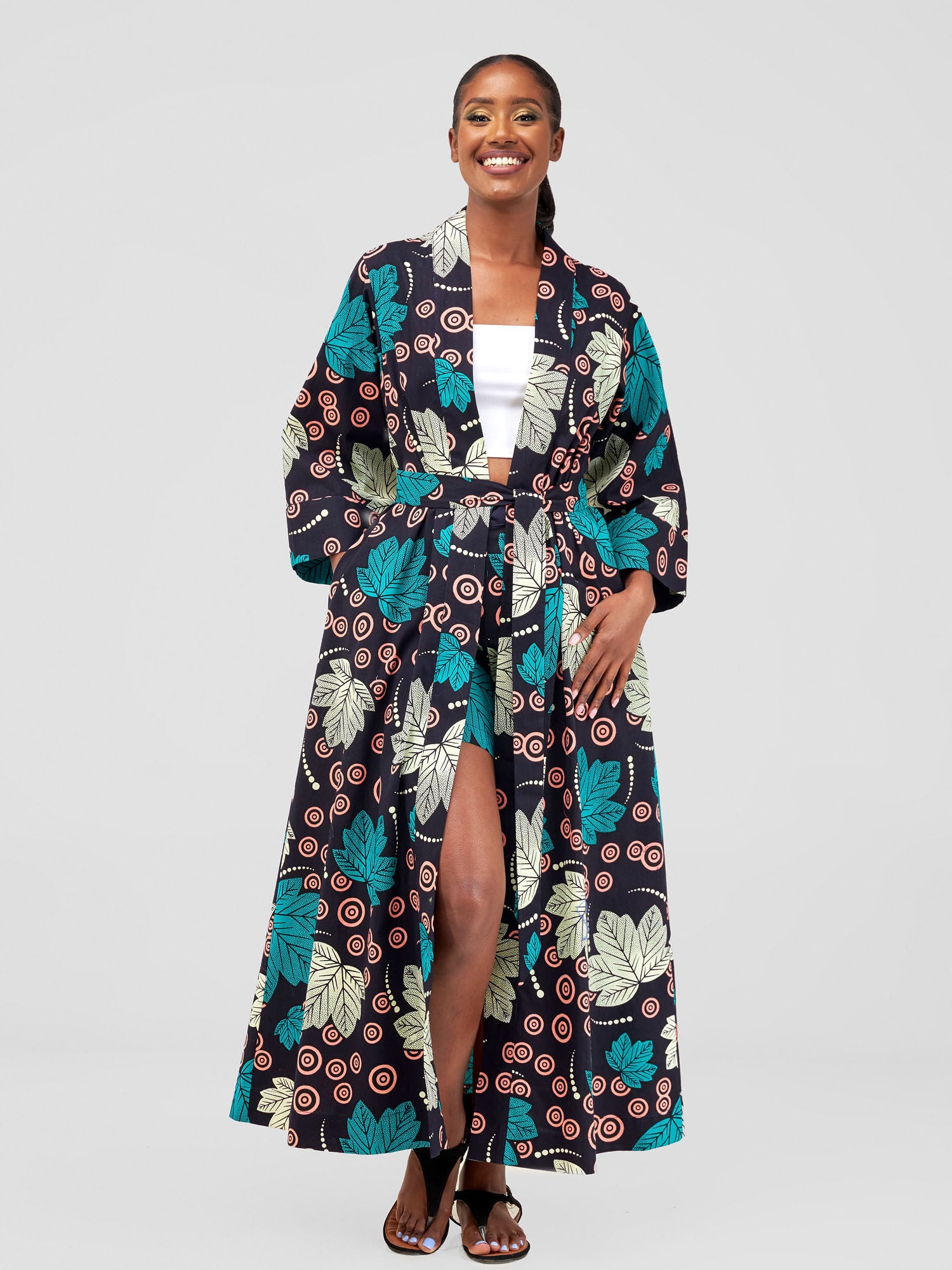 Vivo Full Length Kimono - Cream / Navy Print