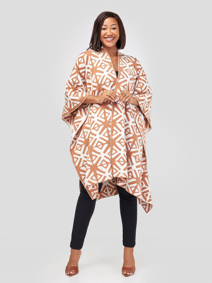 Vivo Reversible Poncho without Fringes- Caramel / Off White Heshi Print